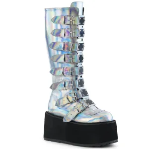 Demonia DAMNED-318 | Silver Holo Vegan Leather Knee High Boots