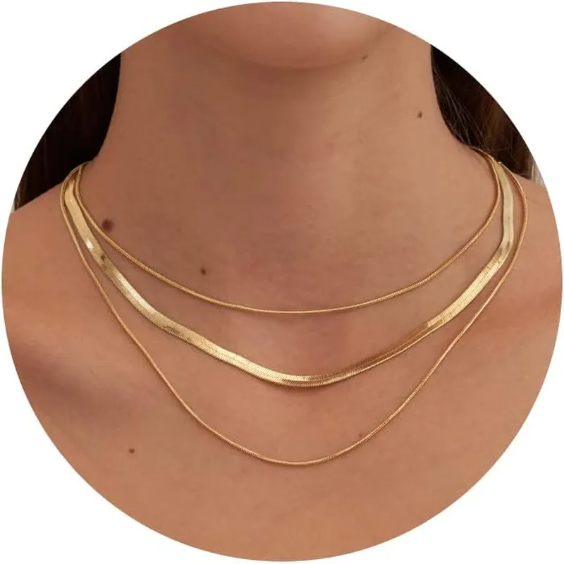 14K Gold/Silver Plated Necklaces -  Snake Chain, Herringbone, Rope or Layered