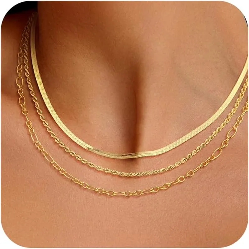 14K Gold/Silver Plated Necklaces -  Snake Chain, Herringbone, Rope or Layered