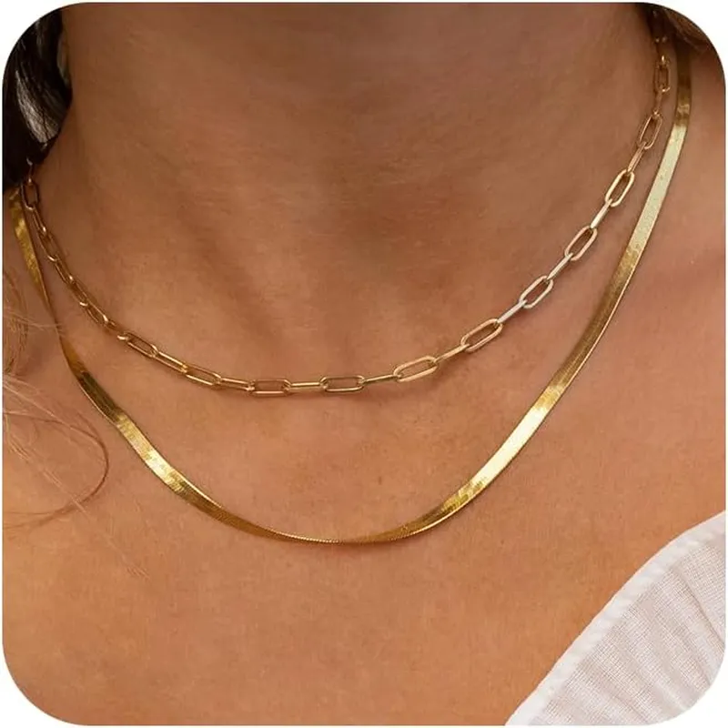 14K Gold/Silver Plated Necklaces -  Snake Chain, Herringbone, Rope or Layered