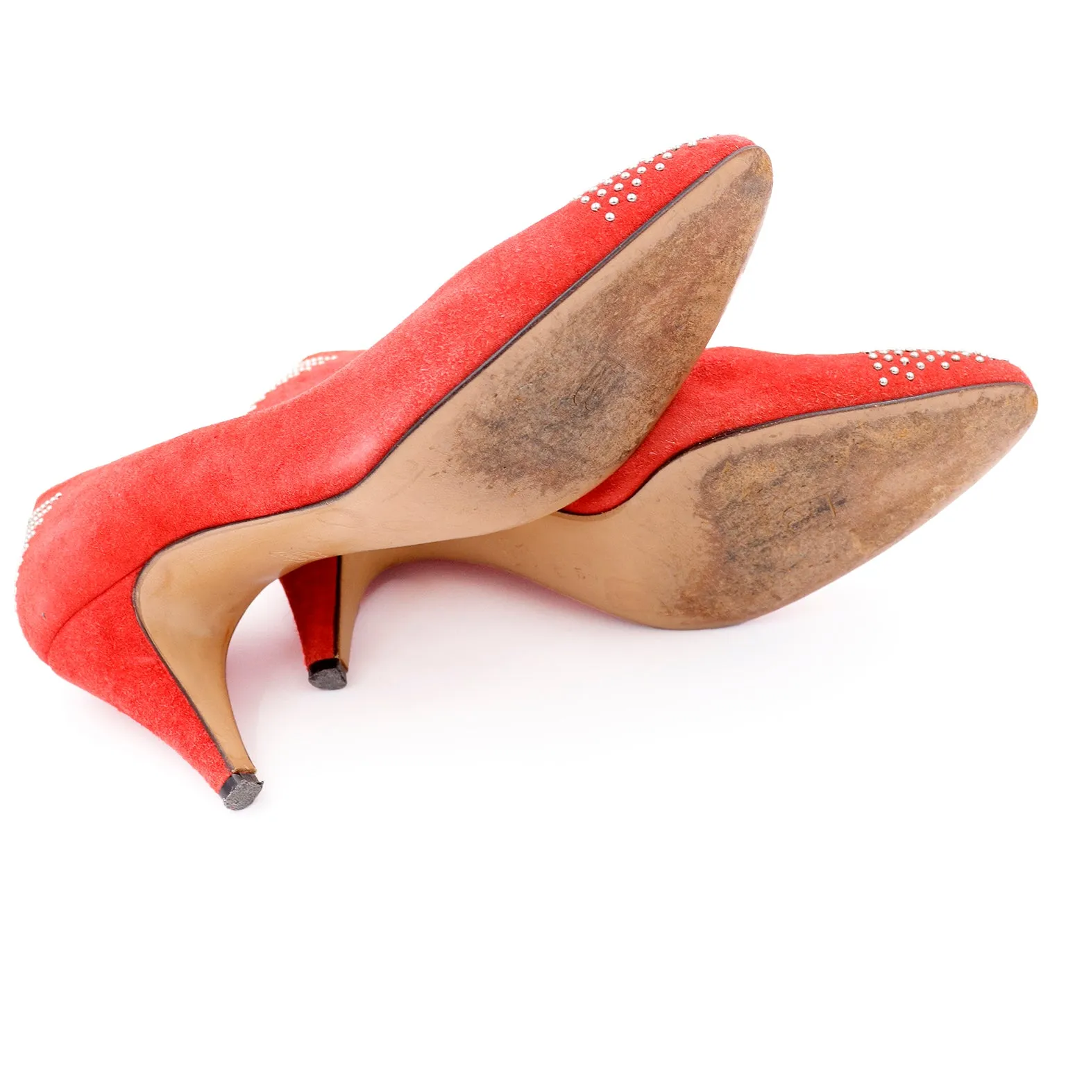 1980s Bruno Magli Vintage Shoes Red Heeled Pumps With Gold Studs