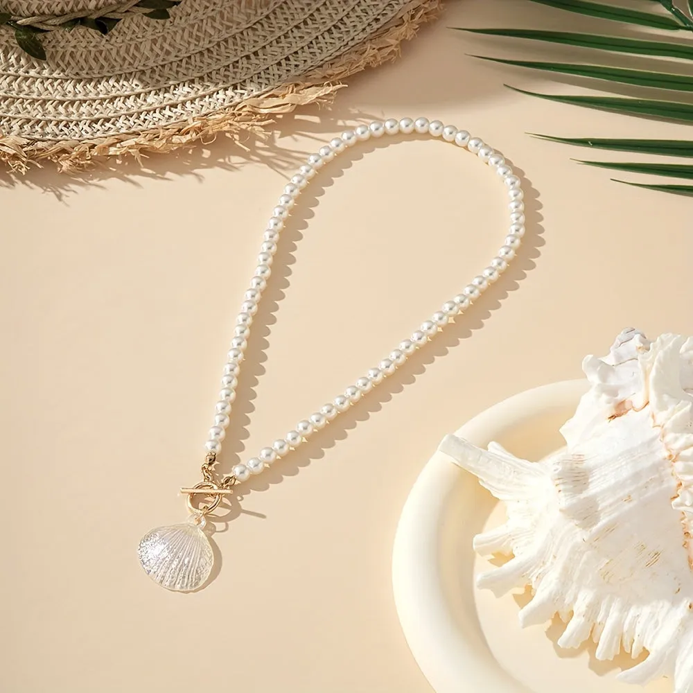 2pcs, Boho & Elegant Style, White Seashell Shape Design Pendant, Match Shiny Beads Necklace, Fashion Delicate Accessory For Daily Wear & Beach Holiday, Idea Gift For Ladies