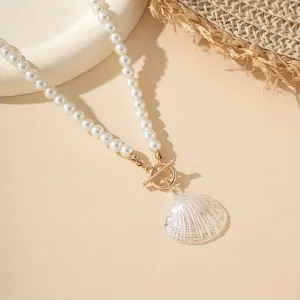 2pcs, Boho & Elegant Style, White Seashell Shape Design Pendant, Match Shiny Beads Necklace, Fashion Delicate Accessory For Daily Wear & Beach Holiday, Idea Gift For Ladies