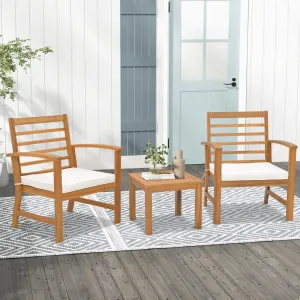 3 Pieces Acacia Wood Patio Conversation Set with Soft Cushions-White