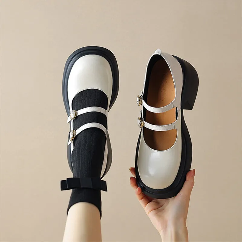 65mm Leather Platform Mary Jane Shoes Double-strap In Black/White