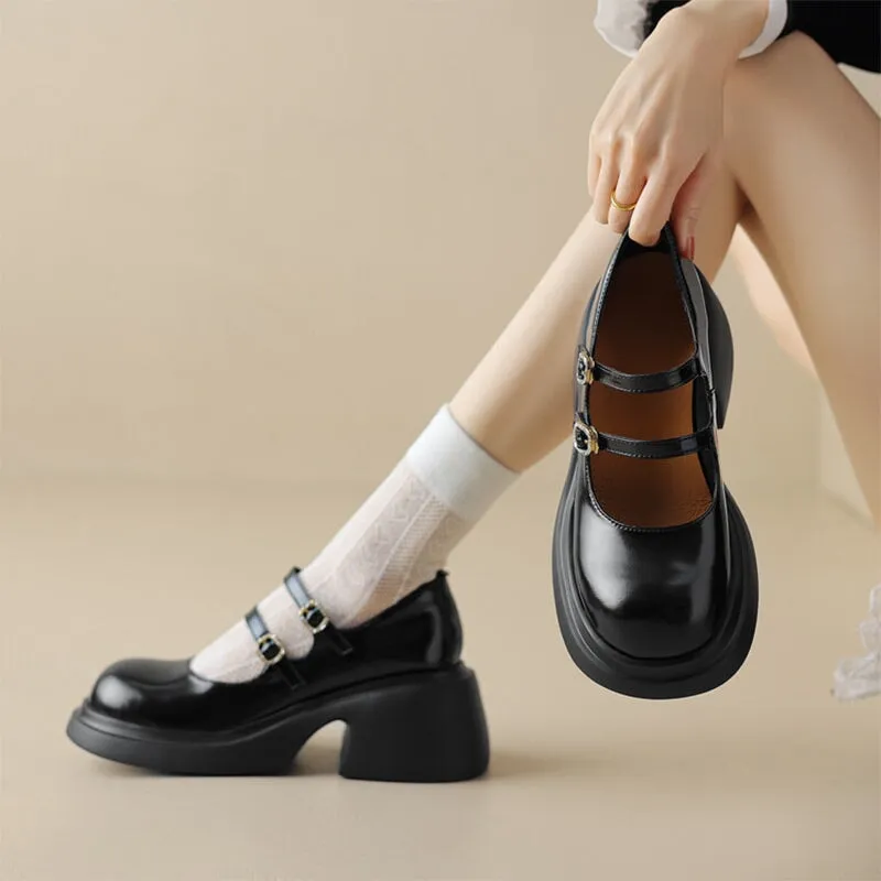 65mm Leather Platform Mary Jane Shoes Double-strap In Black/White