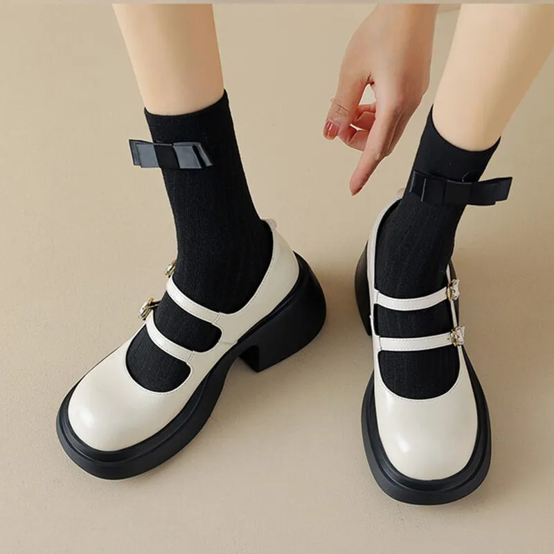 65mm Leather Platform Mary Jane Shoes Double-strap In Black/White