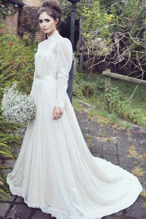 A-Line High Neck Long Sleeves Lace Wedding Dress with Appliques  WD239