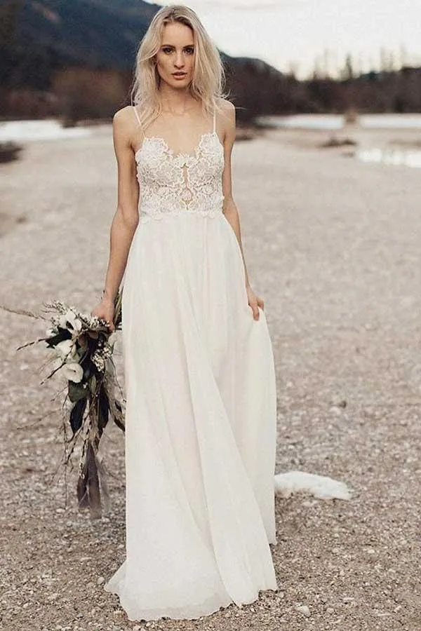 A-Line Spaghetti Straps Long Chiffon Wedding Dress with Lace WD259