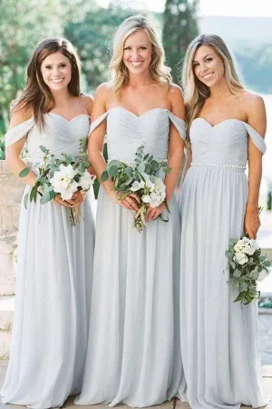 A-lline Chiffon Off the Shoulder Silver Beach Bridesmaid Dresses  BD073