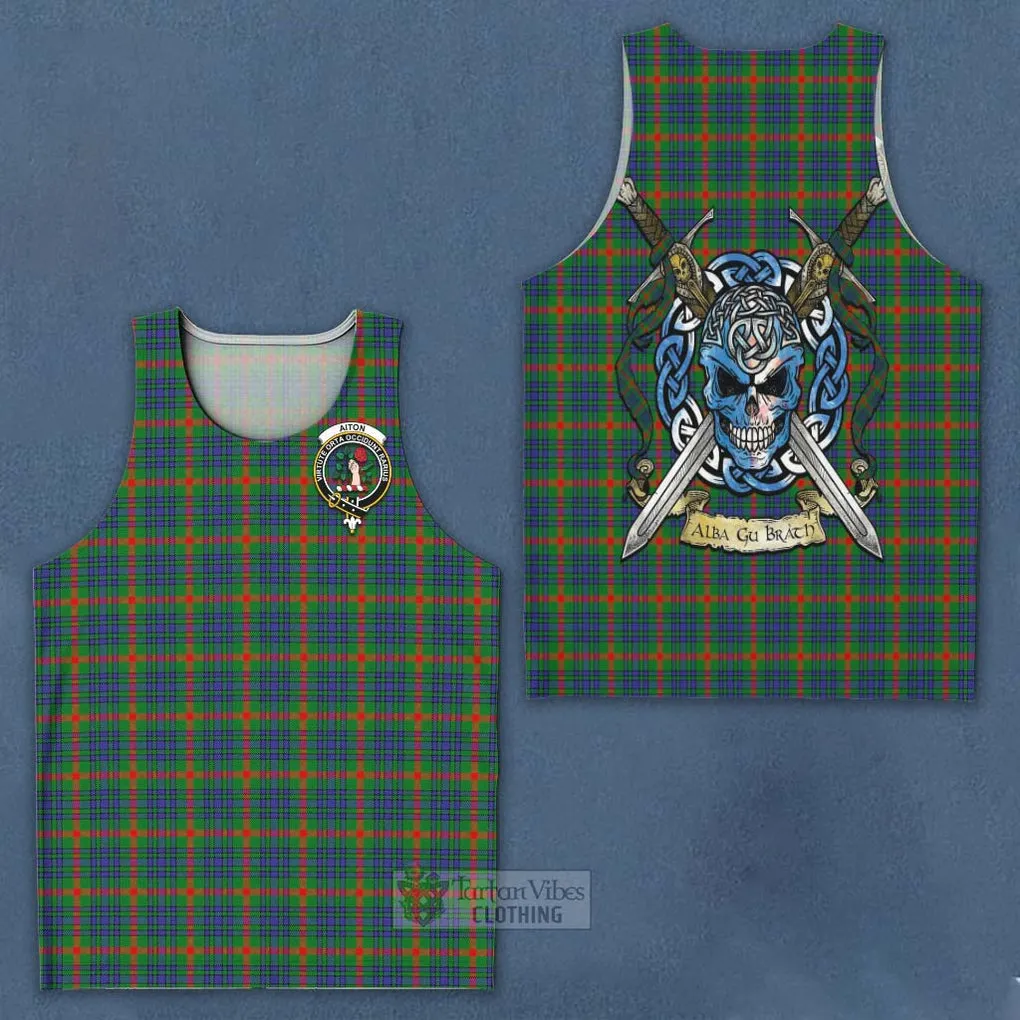 Aiton Tartan Men's Tank Top with Family Crest Celtic Skull Style