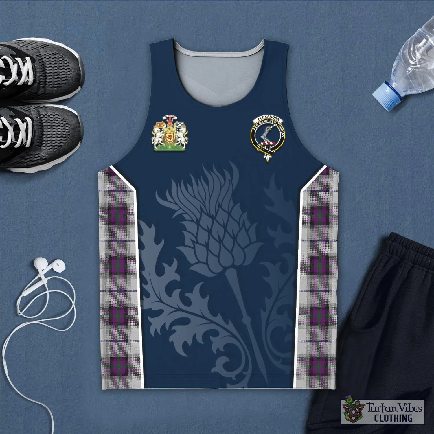 Alexander of Menstry Dress Tartan Men's Tanks Top with Family Crest and Scottish Thistle Vibes Sport Style