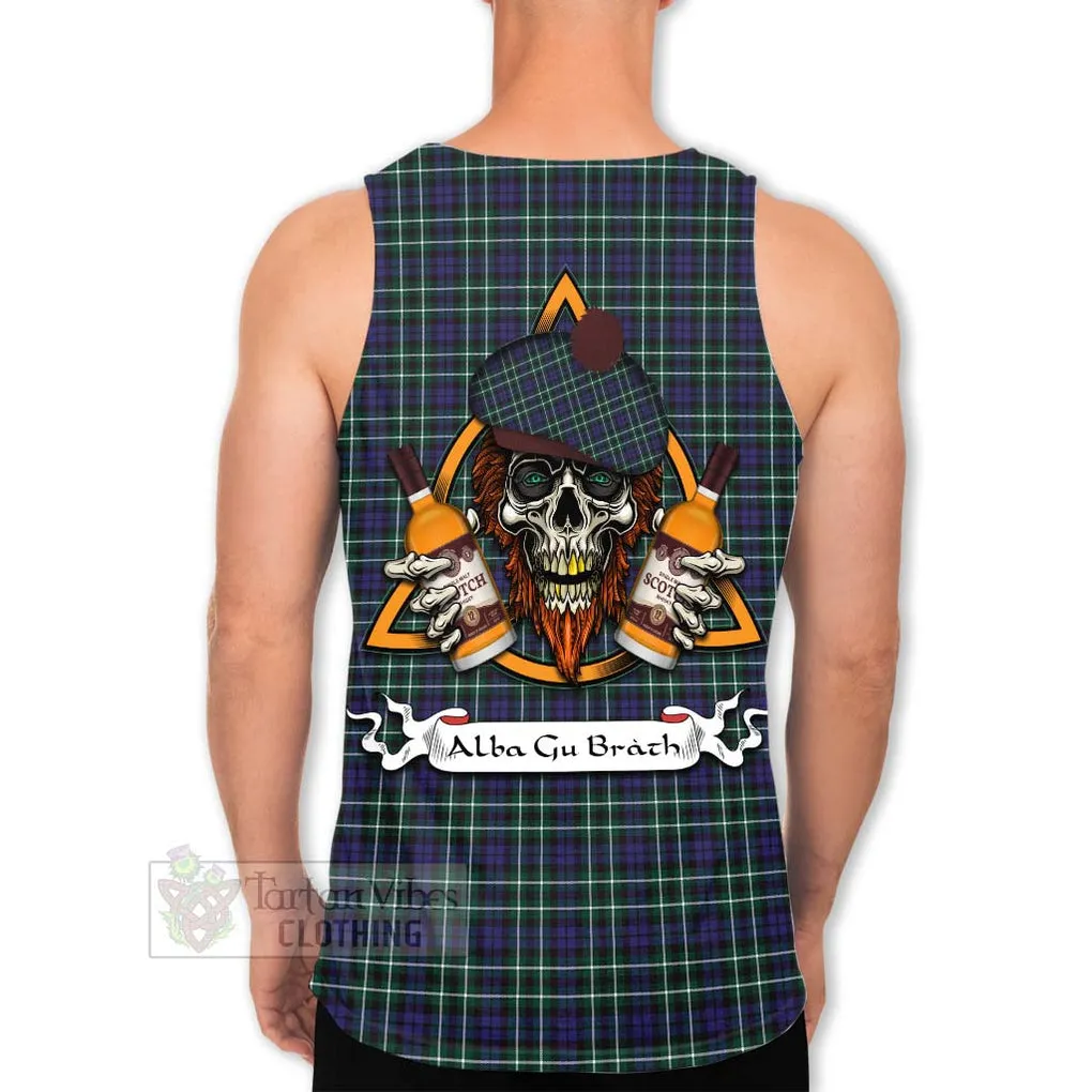 Allardice Tartan Men's Tank Top with Family Crest and Bearded Skull Holding Bottles of Whiskey