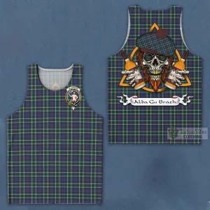 Allardice Tartan Men's Tank Top with Family Crest and Bearded Skull Holding Bottles of Whiskey