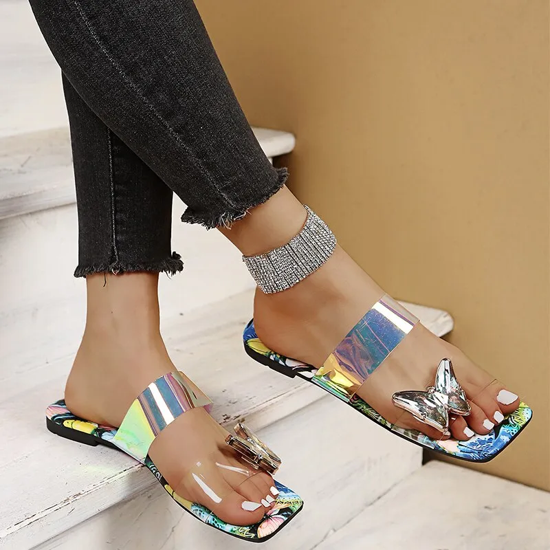 Amozae-Back  To School Outfit   Women 2024 Summer Crystal Slippers Woman Transparent Flats Ladies Casual Print Slides Female Comfort Beach Shoes Plus Size