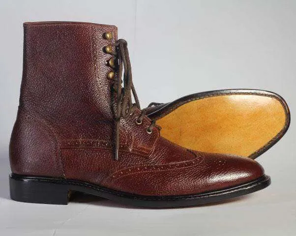 Ankle Dark Brown Wing Tip Lace Up Pebbled Leather Boots