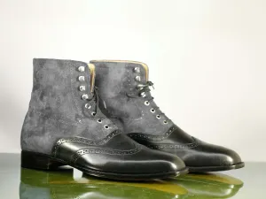 Ankle High Black & Gray Wing Tip Leather Suede Boots