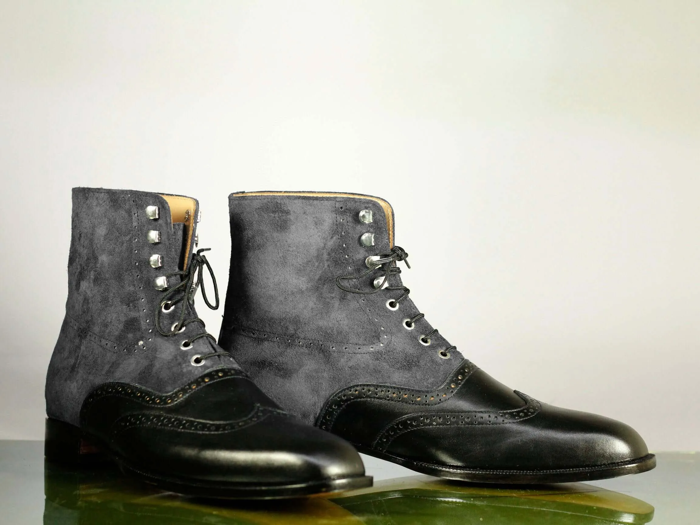 Ankle High Black & Gray Wing Tip Leather Suede Boots