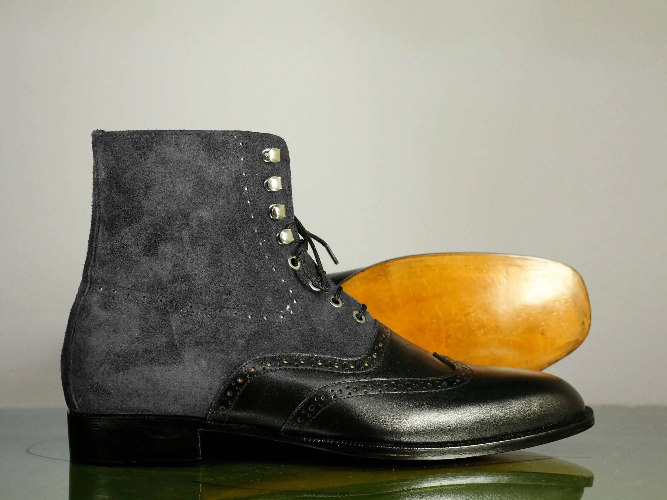 Ankle High Black & Gray Wing Tip Leather Suede Boots