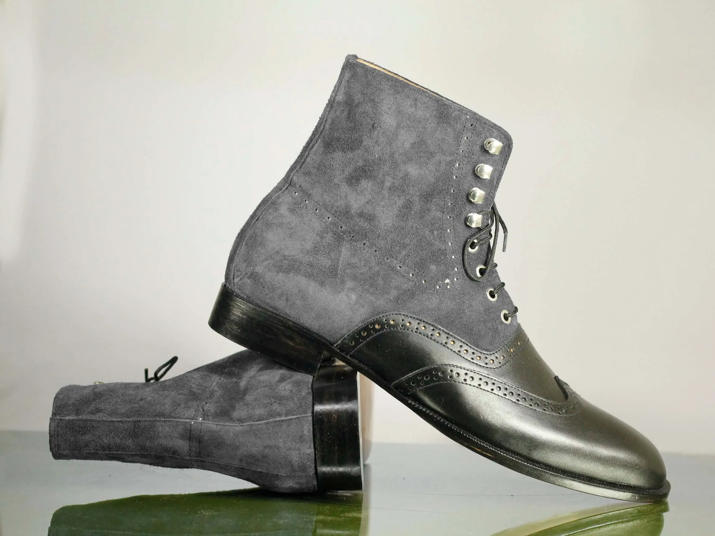 Ankle High Black & Gray Wing Tip Leather Suede Boots