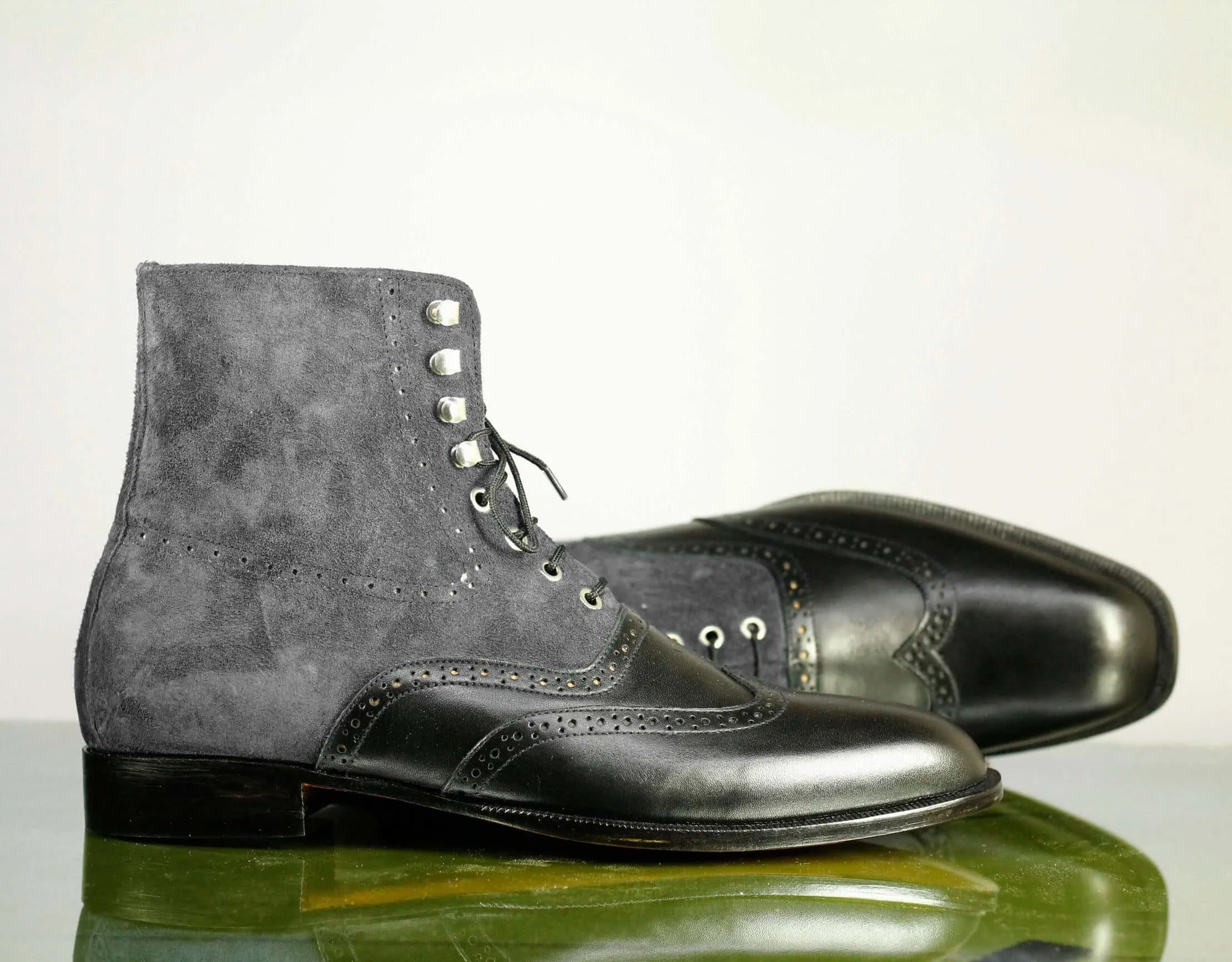 Ankle High Black & Gray Wing Tip Leather Suede Boots