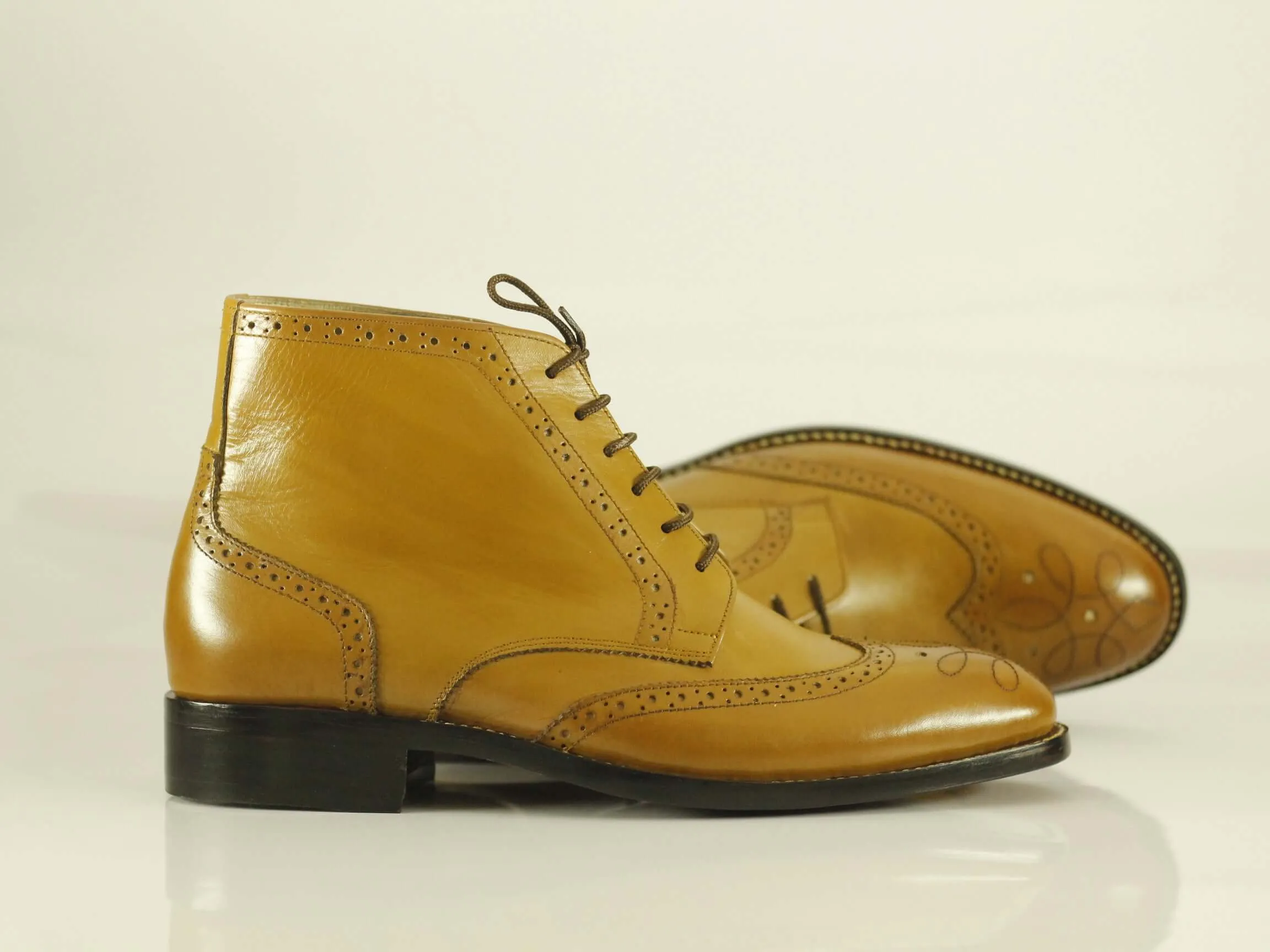 Ankle Lace Up Boot Mustard Colour Wing Tip Style For Men's