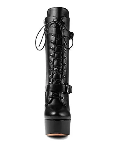 ANN CREEK 'Batian' Classic High Platform Mid Calf Boots Ultra High Stiletto Heels Lace Up Boots Faux Leather Round Toe Tie Up Boots Sexy Black Buckle Strap Thin High Heel Boots Black 9.5