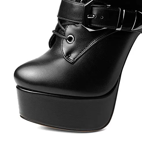 ANN CREEK 'Batian' Classic High Platform Mid Calf Boots Ultra High Stiletto Heels Lace Up Boots Faux Leather Round Toe Tie Up Boots Sexy Black Buckle Strap Thin High Heel Boots Black 9.5