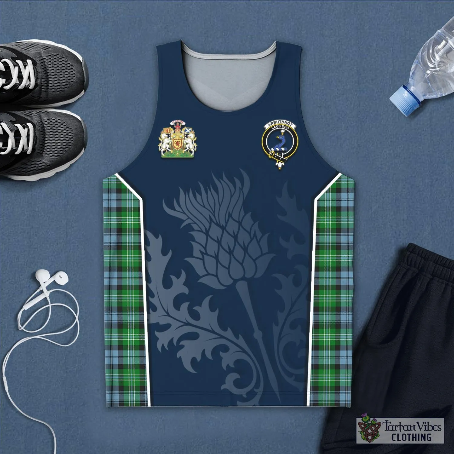 Arbuthnot Ancient Tartan Men's Tanks Top with Family Crest and Scottish Thistle Vibes Sport Style