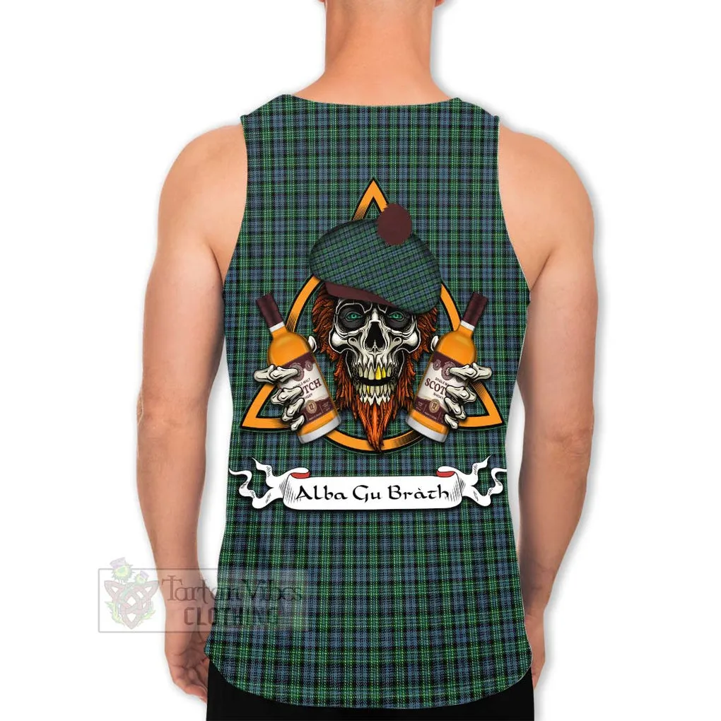 Arbuthnot Tartan Men's Tank Top with Family Crest and Bearded Skull Holding Bottles of Whiskey