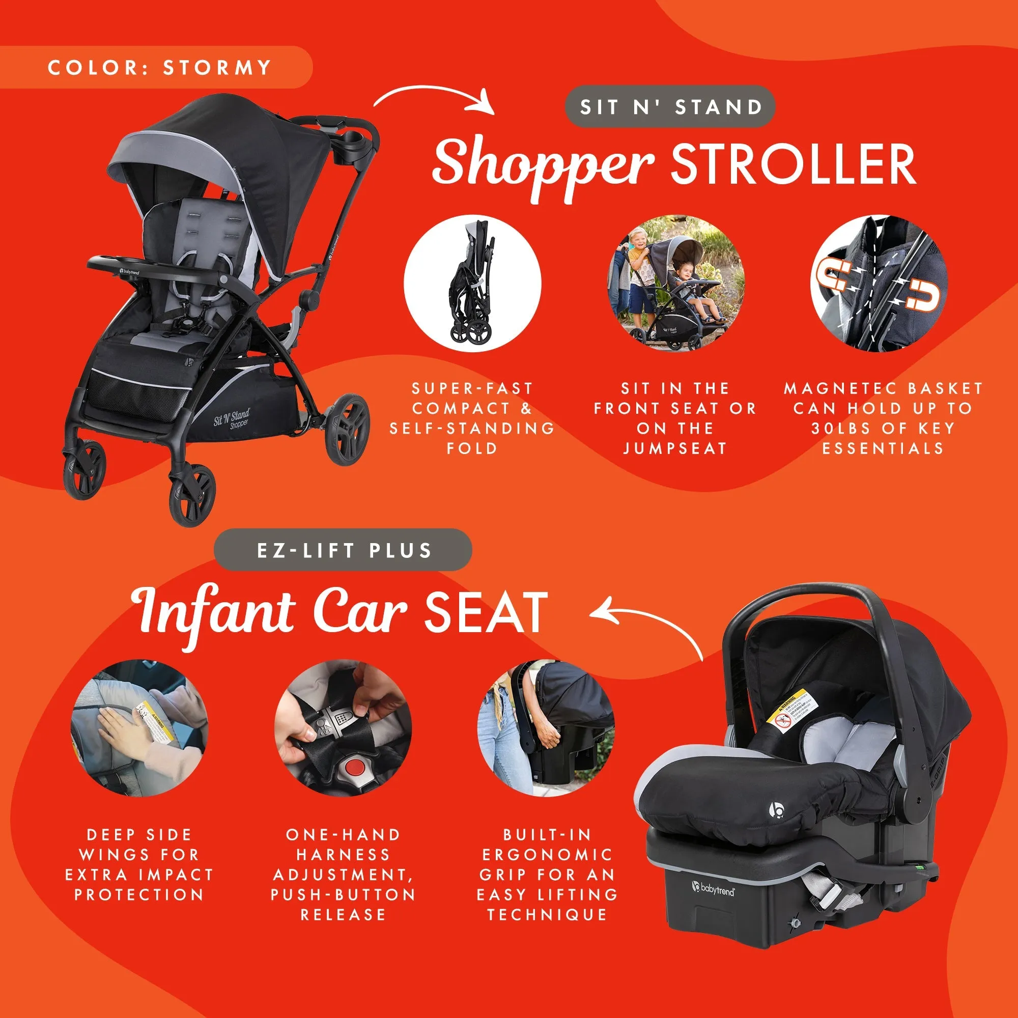 Baby Trend Sit N' Stand Stroller w/Canopy & EZ-Lift Plus Infant Car Seat, Stormy