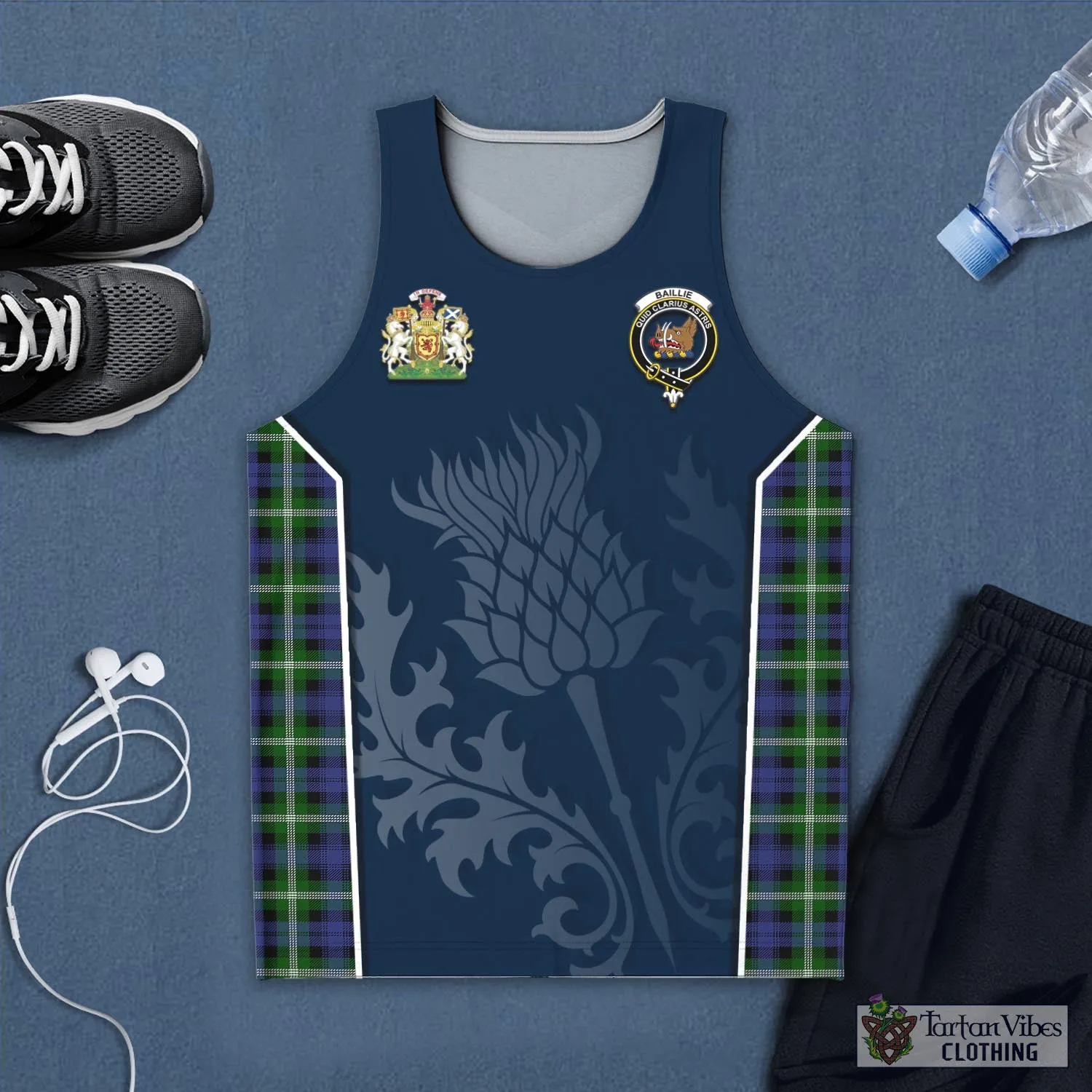 Baillie (Bailey) Tartan Men's Tanks Top with Family Crest and Scottish Thistle Vibes Sport Style