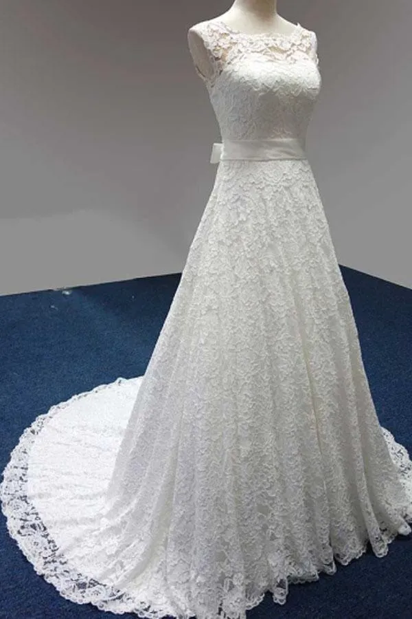 Bateau A-Line Lace Sash Bowknot Sleeveless Wedding Dress WD158