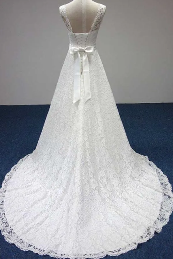 Bateau A-Line Lace Sash Bowknot Sleeveless Wedding Dress WD158