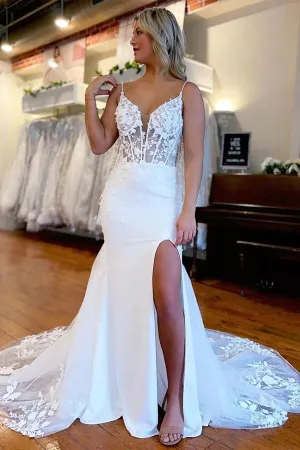 Beautiful Mermaid Satin Lace Wedding Dresses Bridal Gown With Side Slit WD630