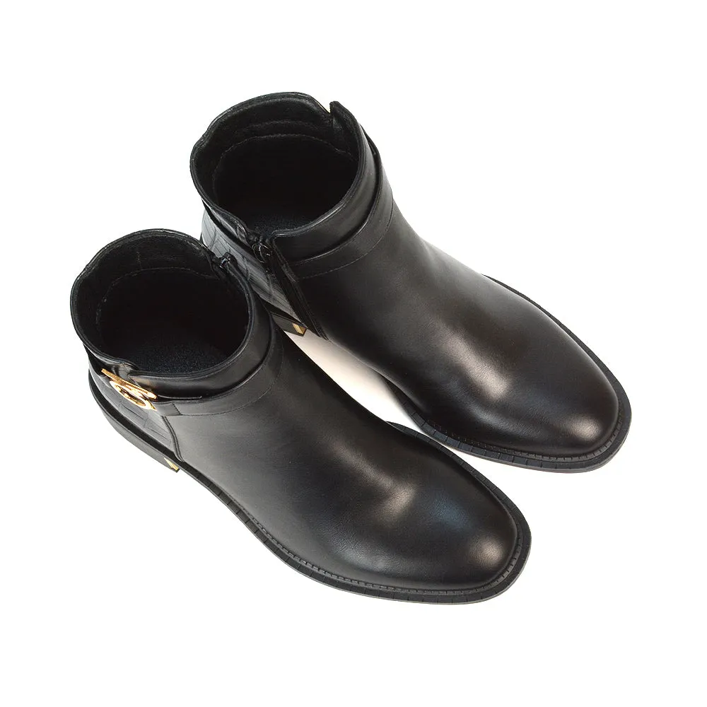 Becca Casual Flat Zip Up Chelsea Ankle Boots in Black Synthetic Leather