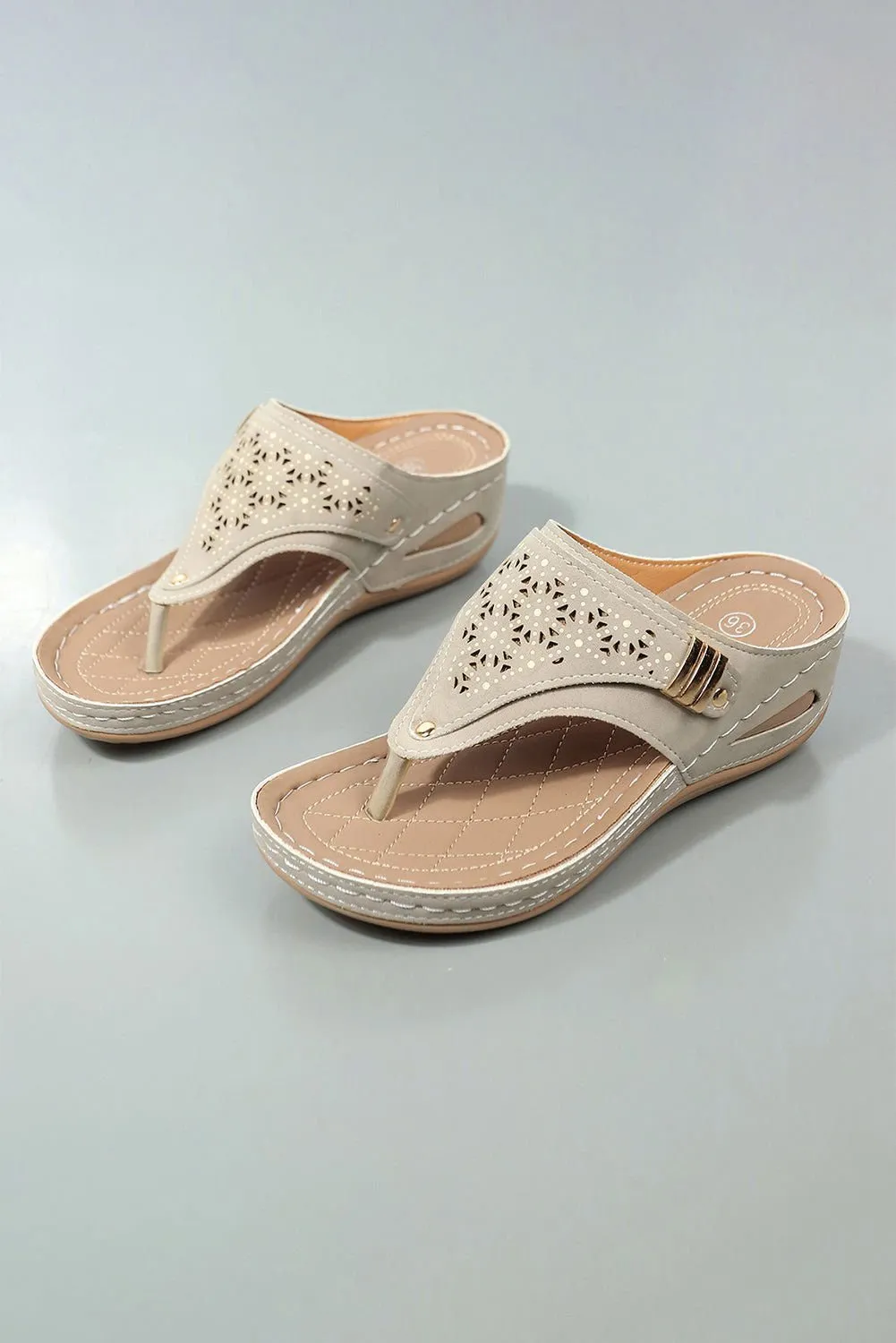 Beige Hollow Out Toe Post Thong Wedge Slides Shoes - Stylish Comfort