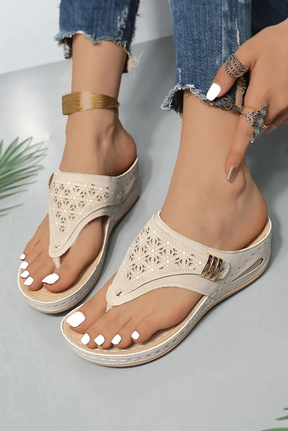 Beige Hollow Out Toe Post Thong Wedge Slides Shoes - Stylish Comfort