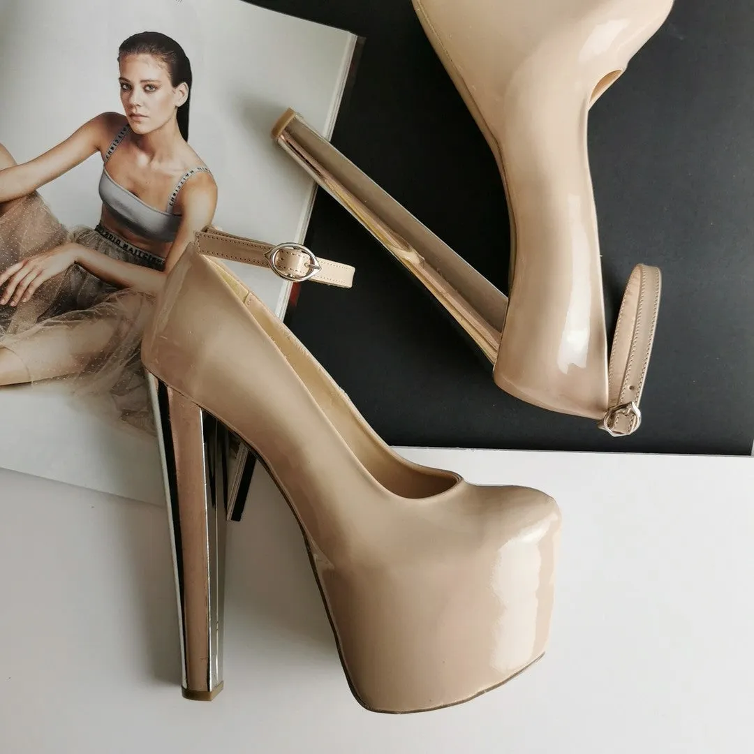 Beige Patent Ankle Strap Platform Pumps