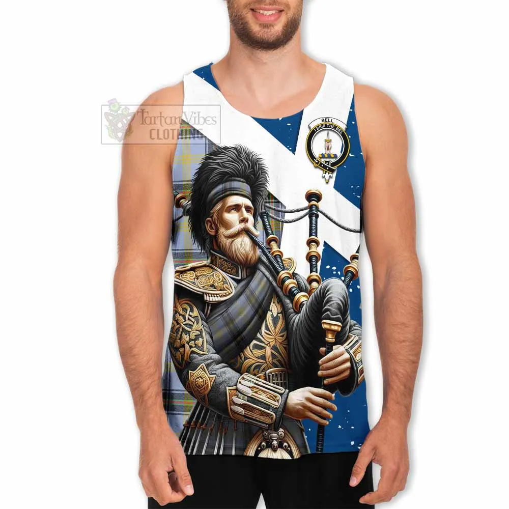 Bell Tartan Men's Tank Top with Family Crest Scottish Bagpiper Vibes