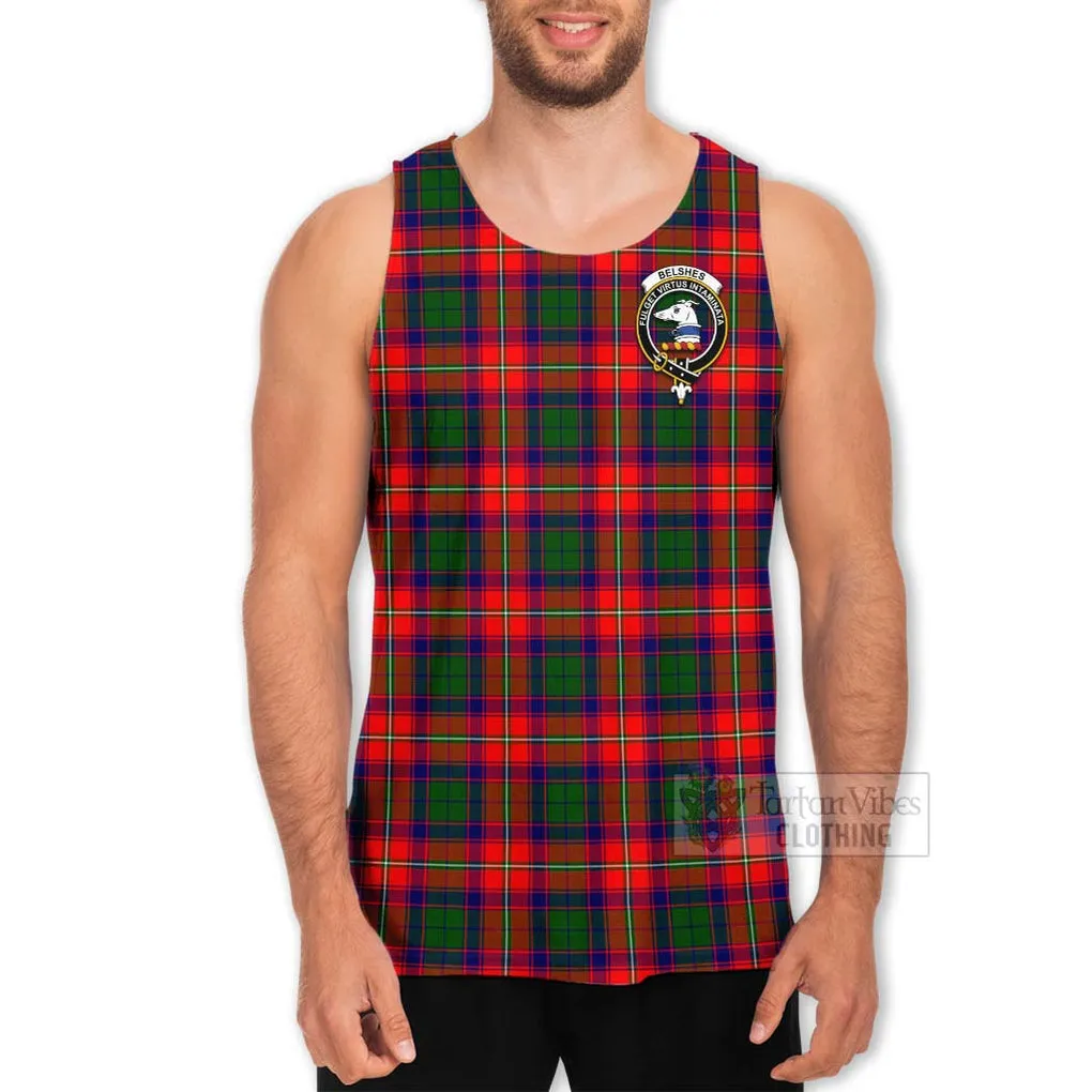 Belshes (Belsches) Tartan Men's Tank Top with Family Crest and Bearded Skull Holding Bottles of Whiskey