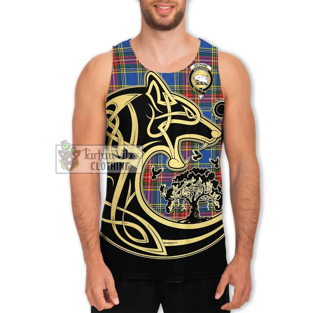 Bethune Tartan Men's Tank Top with Family Crest Celtic Wolf Style