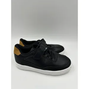 Big Kid Size 2, Black Fashion Sneaker with Strap, Brown Heel Accent & White Sole