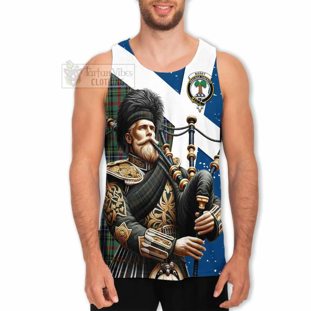 Bisset Tartan Men's Tank Top with Family Crest Scottish Bagpiper Vibes