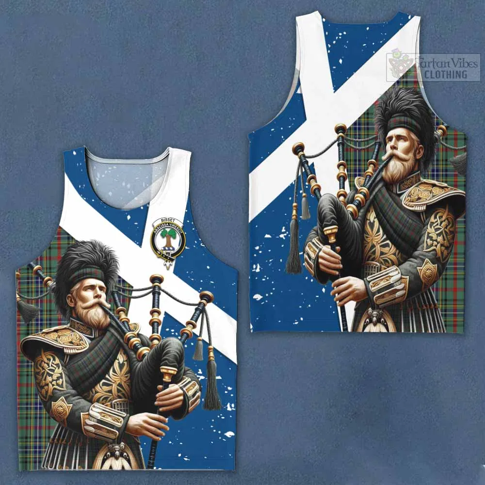 Bisset Tartan Men's Tank Top with Family Crest Scottish Bagpiper Vibes