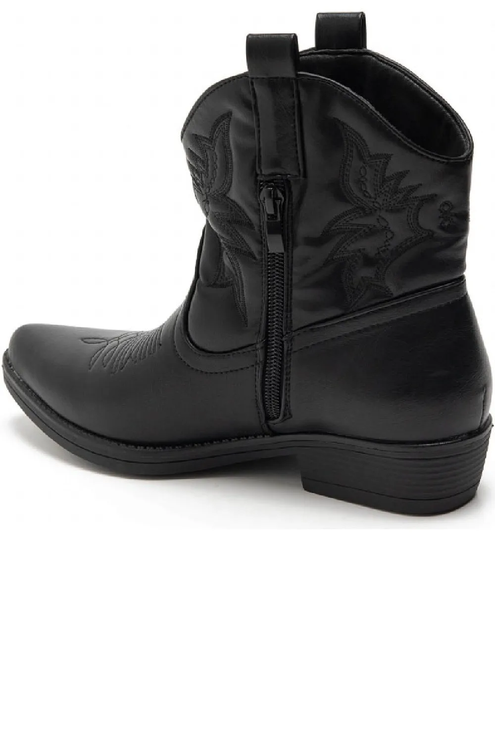 BLACK COWBOY BOOTS EMBROIDED FLAT WESTERN ANKLE BOOTS