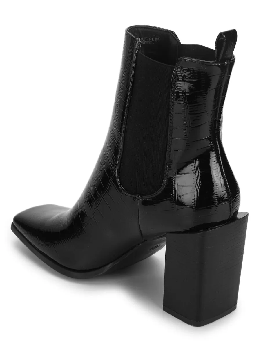 Black Croc Patent Slip On Ankle Boots