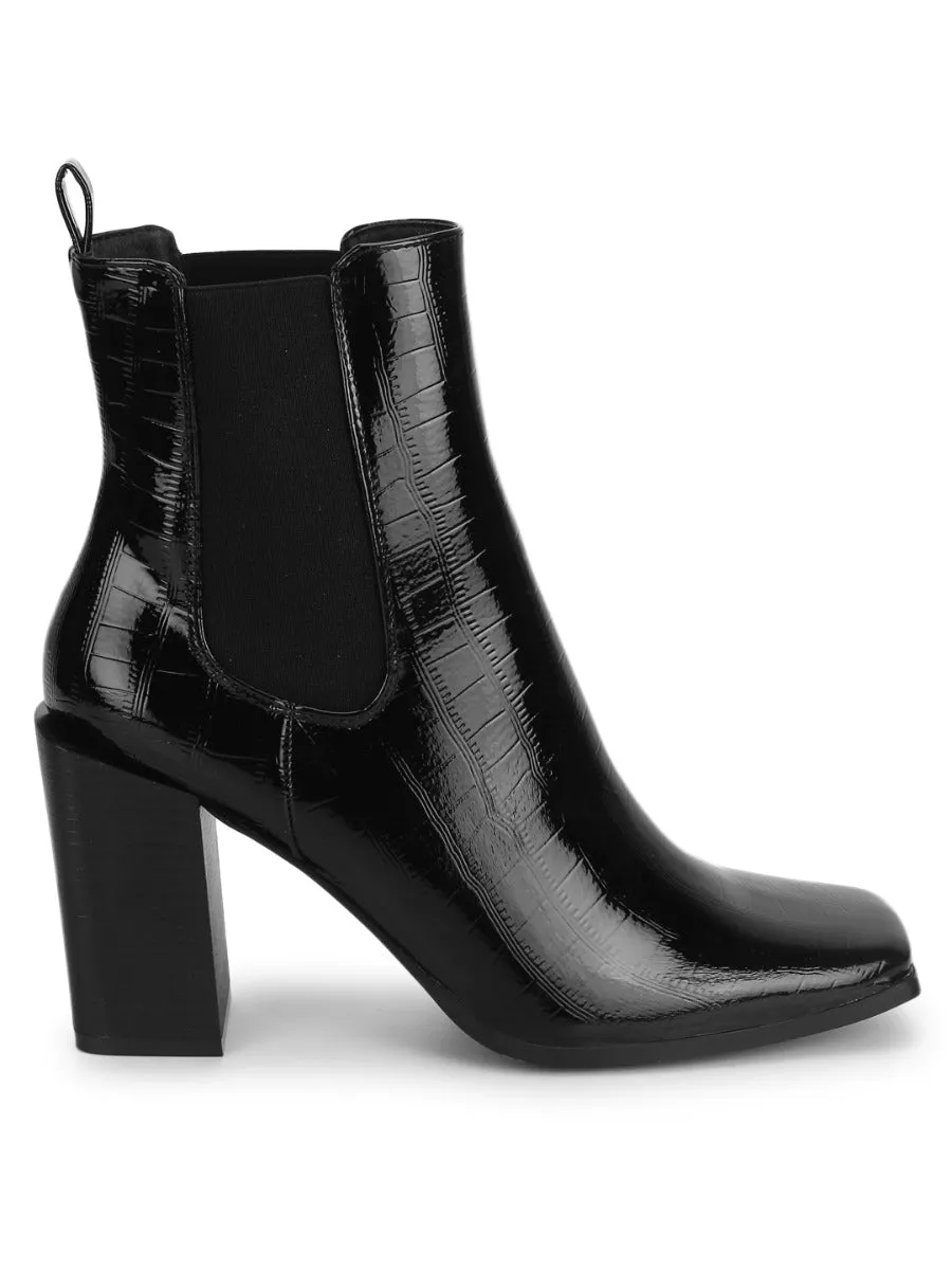 Black Croc Patent Slip On Ankle Boots