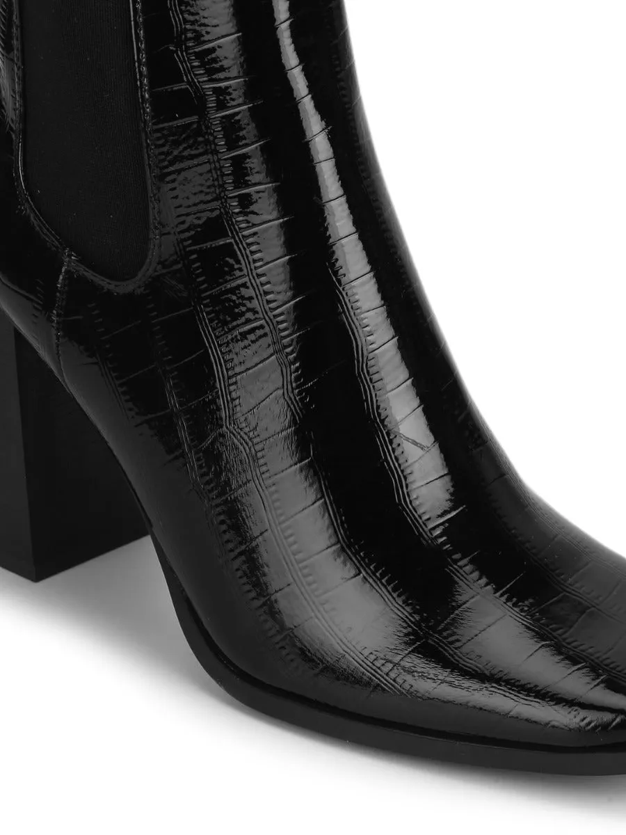 Black Croc Patent Slip On Ankle Boots