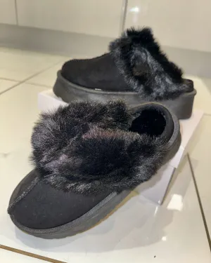 Black LUXE Chunky Platform Faux Fur Slip Ons